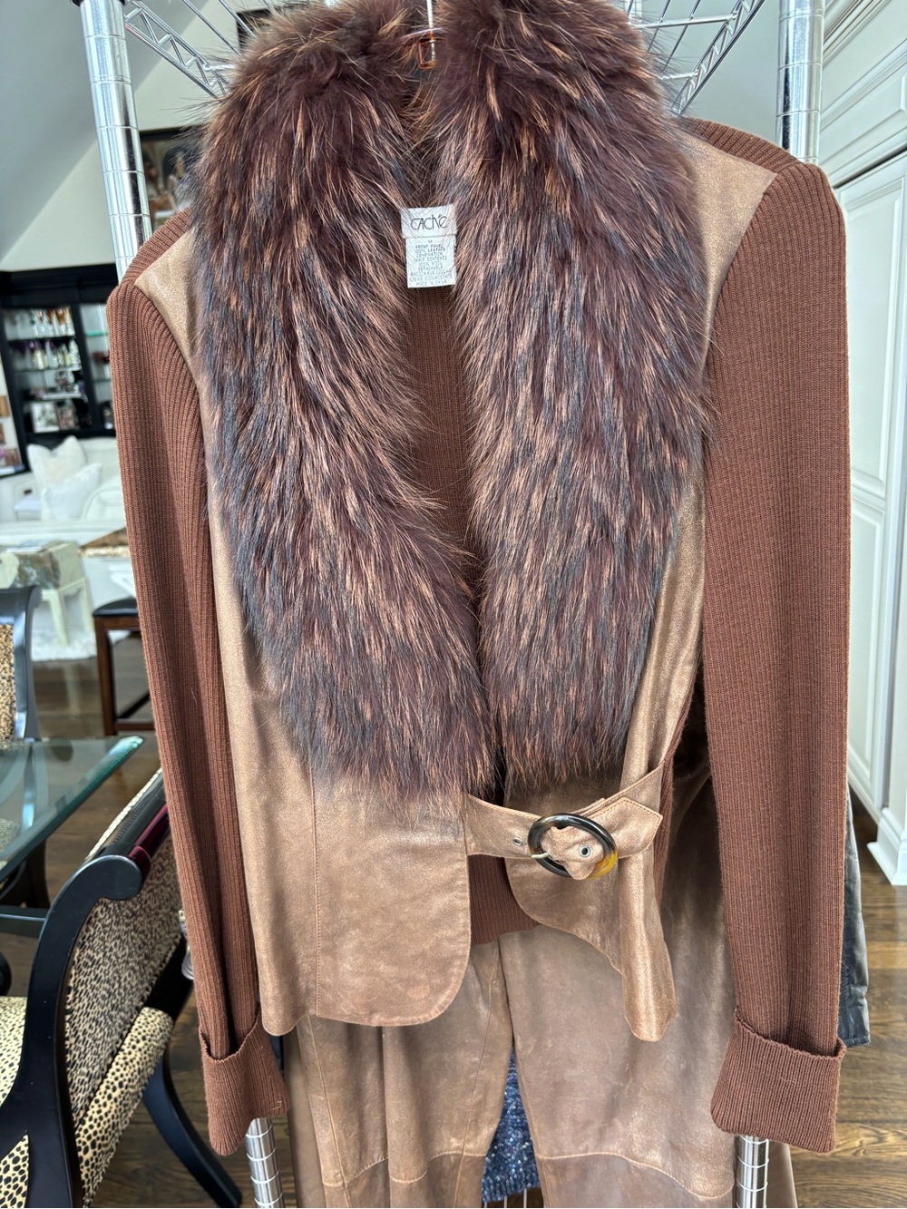 Cache Brown Suede & Knit Jacket with detachable Raccoon Fur Collar